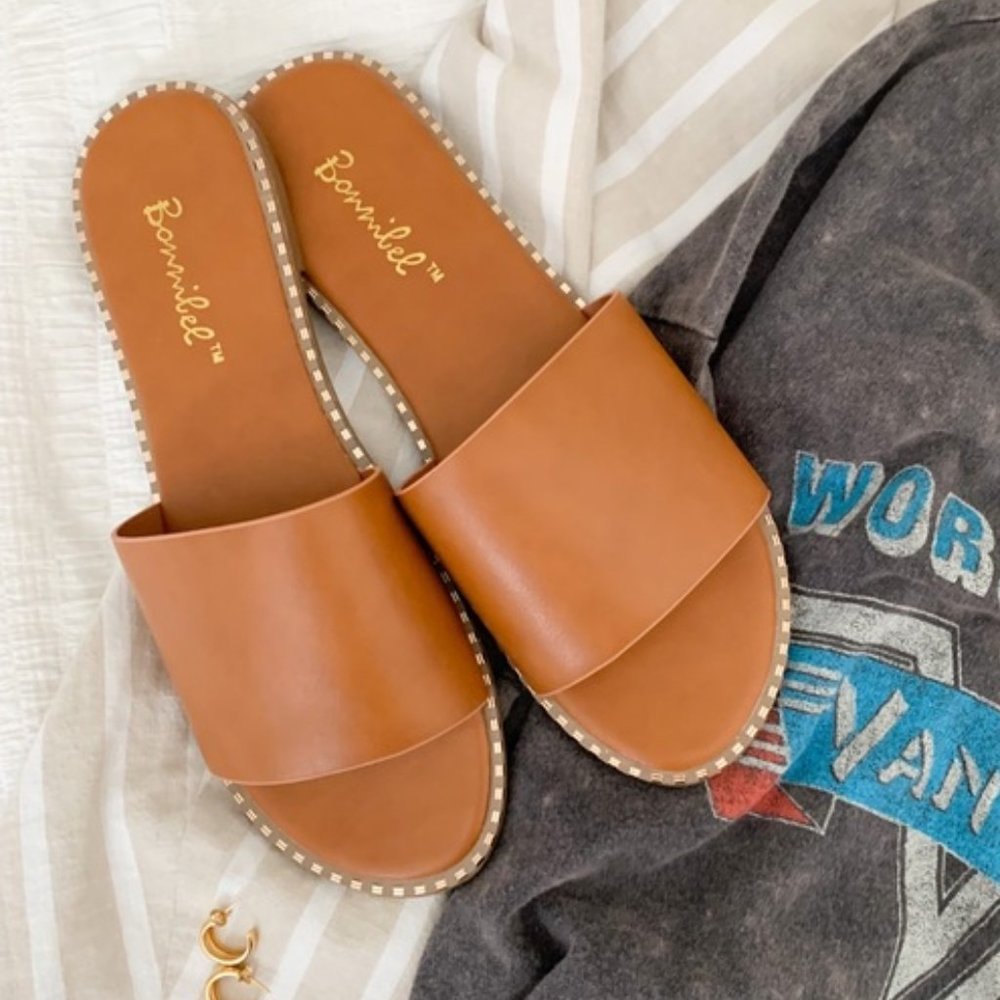 Tan Vegan Leather Studded Trim Silde Sandal